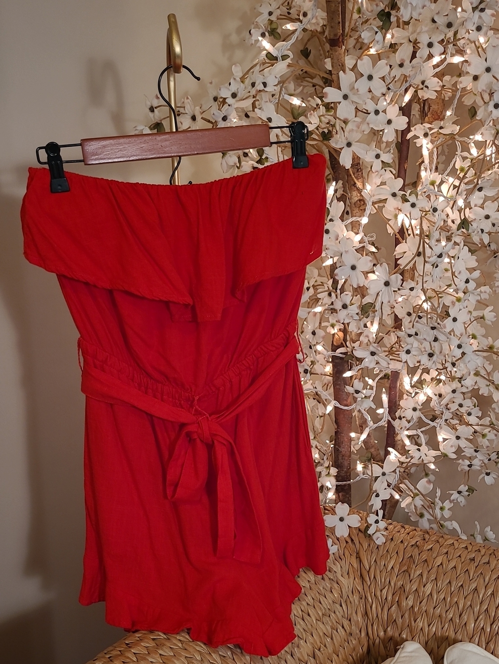 Bright Red Strapless Linen Blend Romper